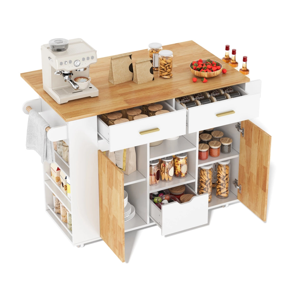 Isola da cucina mobile con piano ribaltabile e ruote bloccabili in MDF bianco