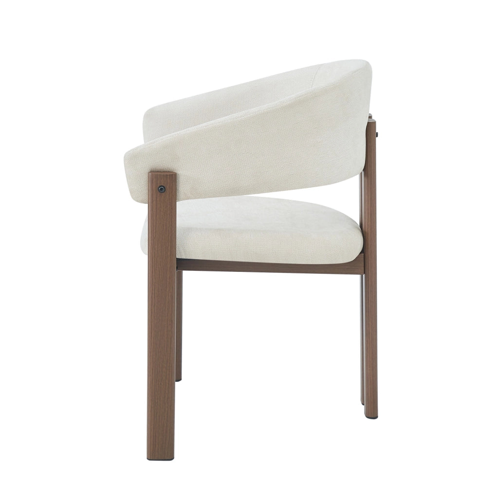 Set di 4 sedie con braccioli in lino beige e struttura effetto noce