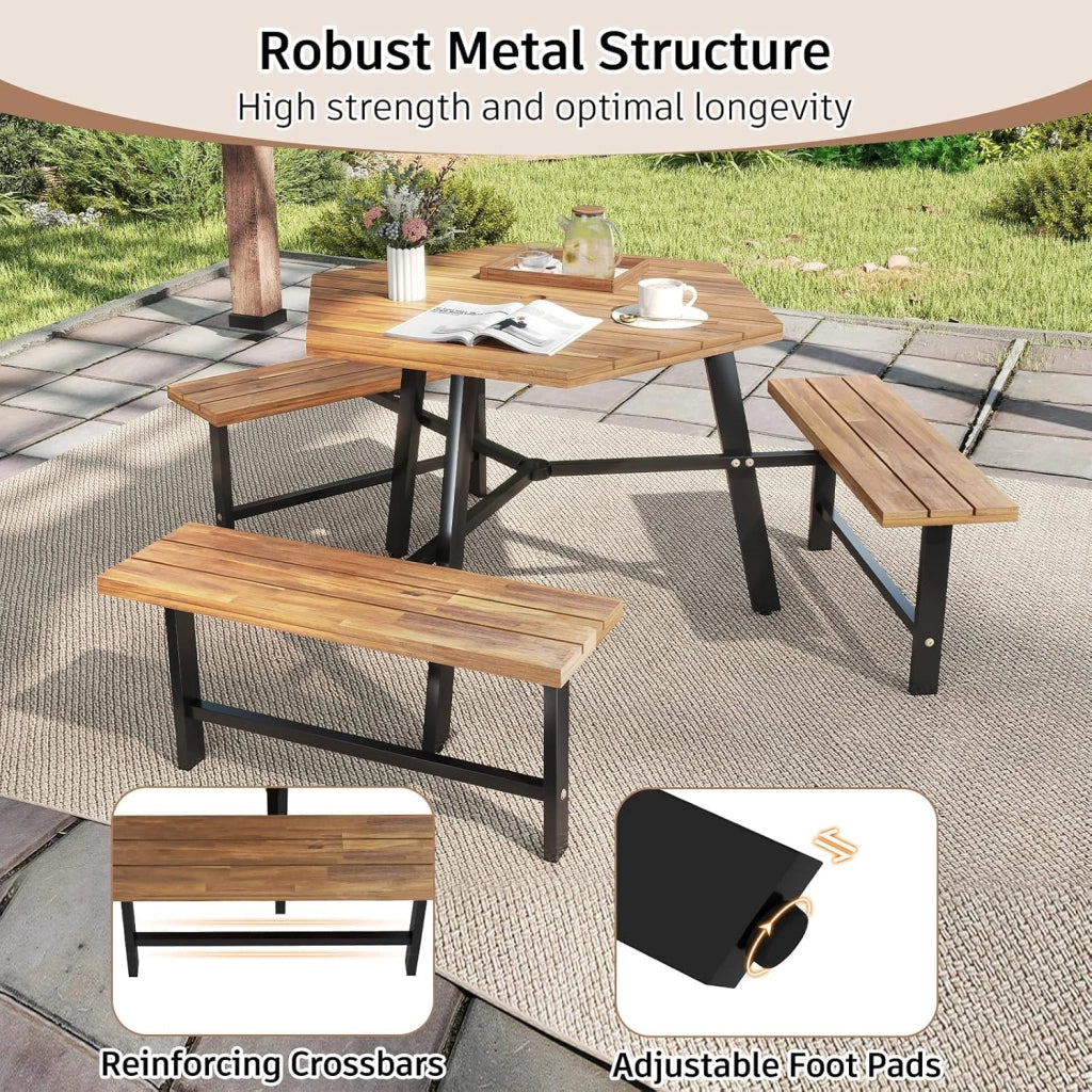 Set di mobili per 6 persone, set da picnic in legno di acacia con foro per ombrellone, set da tavolo e 3 panche per giardino, terrazza, 191 x 165 x 70 cm
