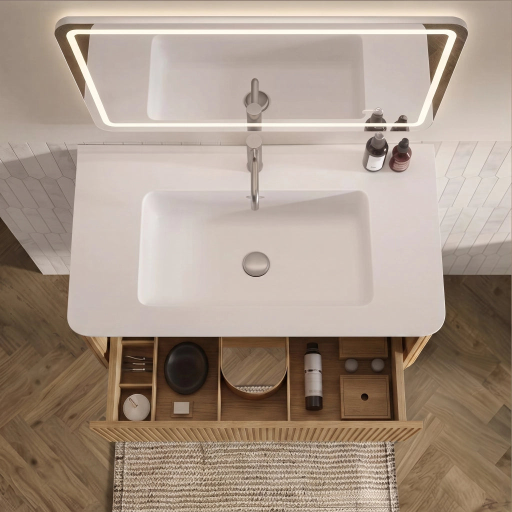 Armadietto da bagno sospeso con lavabo in pietra artificiale, specchio LED e colonna, effetto rovere