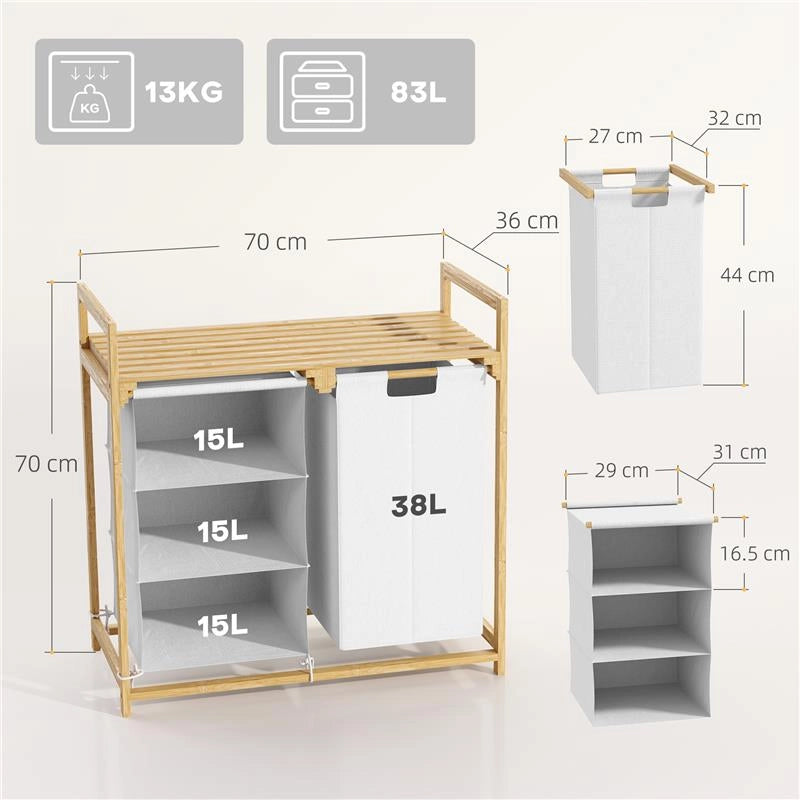 CESTO PORTABIANCHERIA CON 2 BORSE ESTRAIBILI MANIGLIE E RIPIANO IN BAMBÙ 70X36X70 CM BIANCO