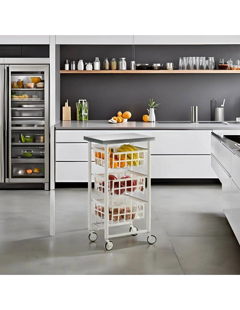 Carrello Contenitore Salvaspazio – 3 Cestelli in Metallo, Piano in Acciaio Inox
