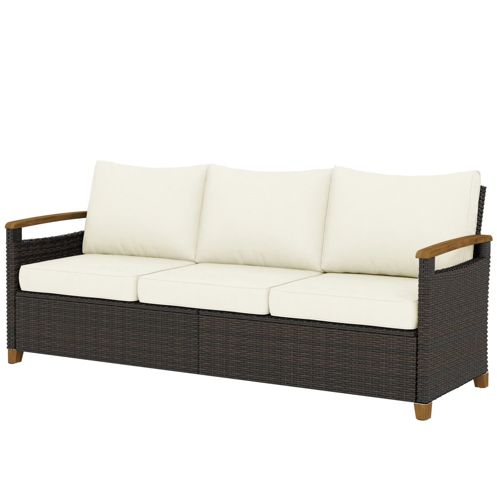 Divano da Esterno 3 Posti in Rattan PE ¨C zephmum ¨C Marrone, Crema, con Cuscini