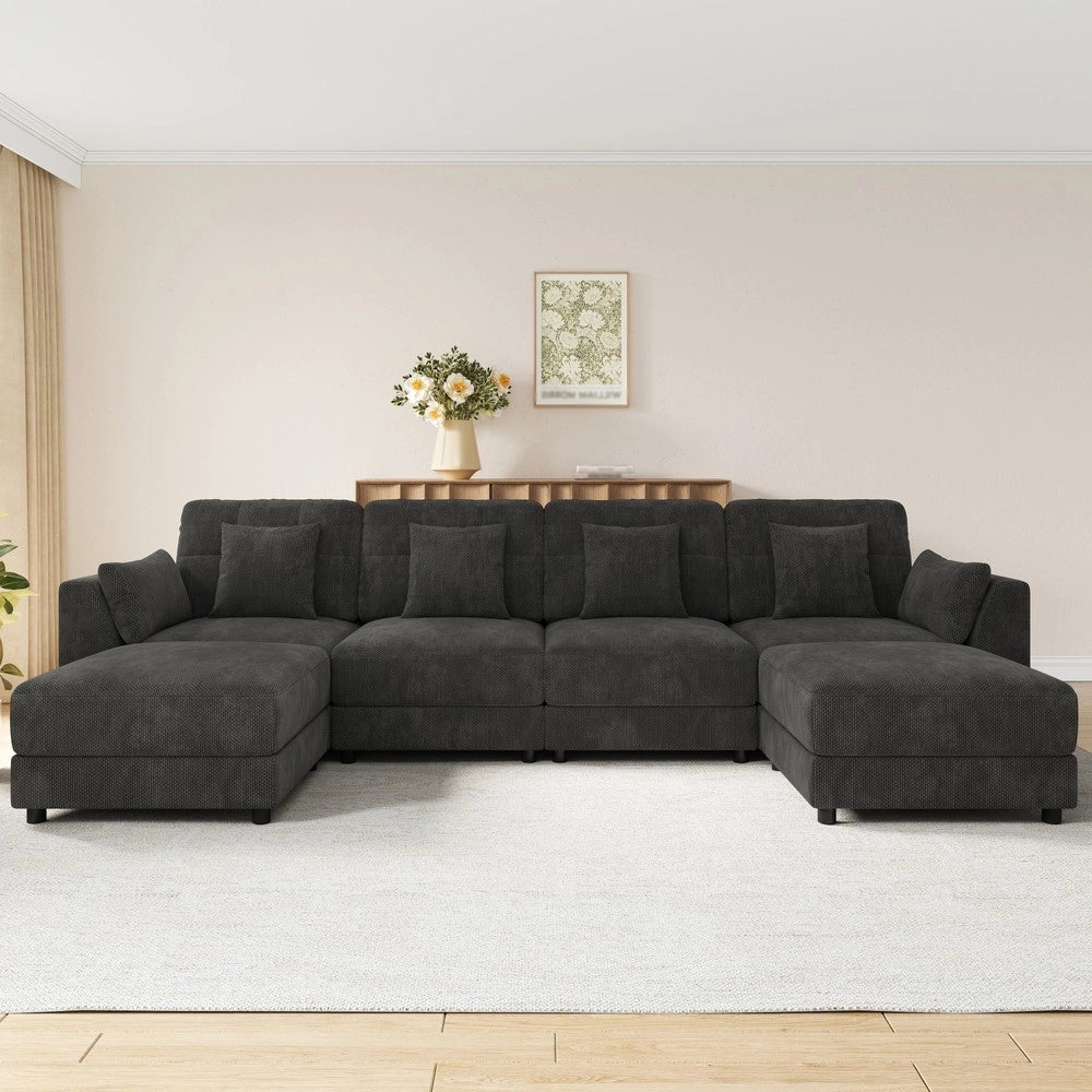 Divano angolare modulare con poggiapiedi e cuscini ¨C Minimal ¨C Grigio tessuto chenille gambe metallo