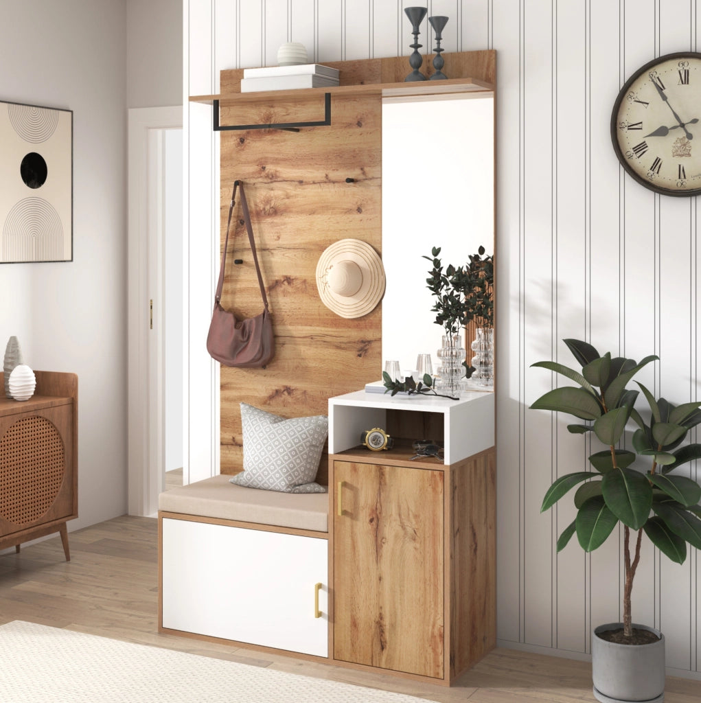 Set ingresso con specchio; scarpiera e appendiabiti 105x40x190;5 cm bianco e legno