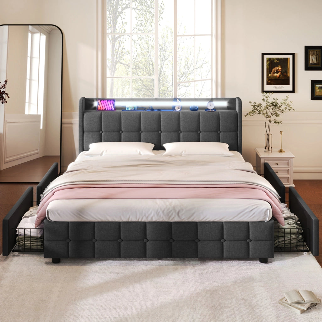 Letto matrimoniale 180x200 cm con LED; prese USB e 4 cassetti; legno grigio