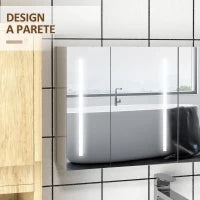 kleankin Armadietto con Specchio con Ripiani Regolabili e Luci LED a 3 Colori, in MDF e Vetro, 90x15x70 cm, Bianco