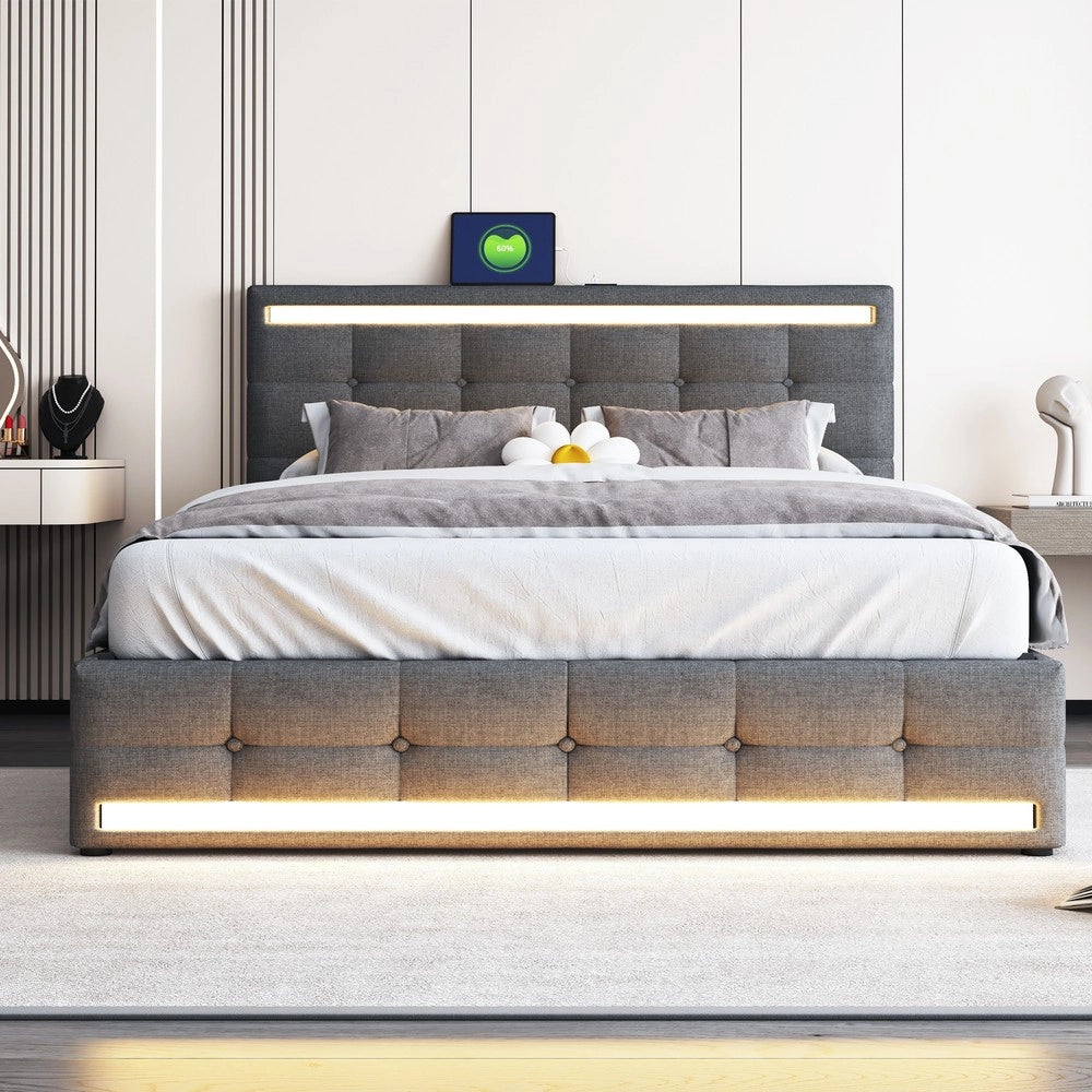 Letto Imbottito 140x200 con Contenitore ¨C Xylo ¨C Grigio, LED, Testiera, 4 Cassetti, Tessuto