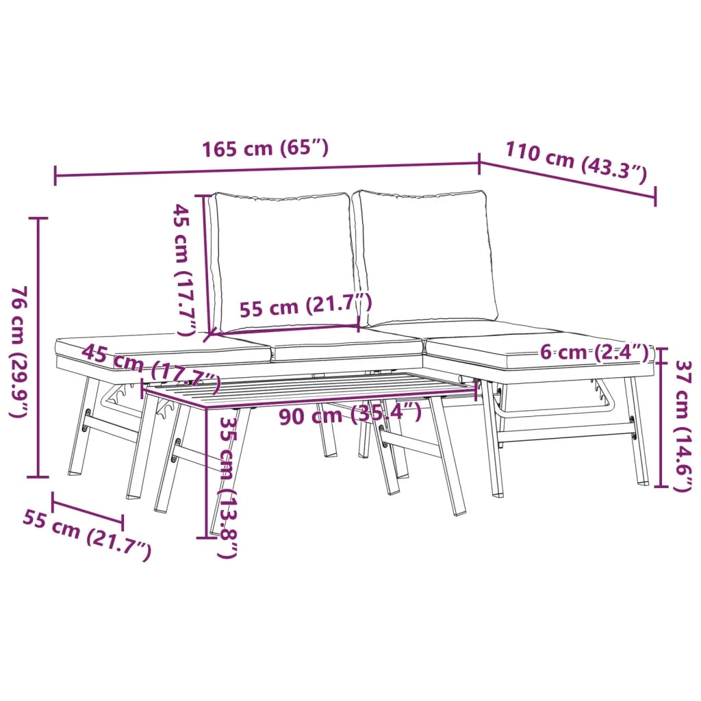 Set Panche Giardino Cuscini 3pz Nere Acciaio Verniciato Polvere