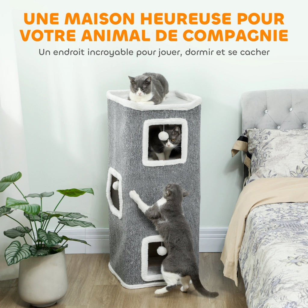Tiragraffi per Gatti 4 Livelli ¨C Xylo ¨C 41x41x100 cm Grigio con Palline e Piattaforma