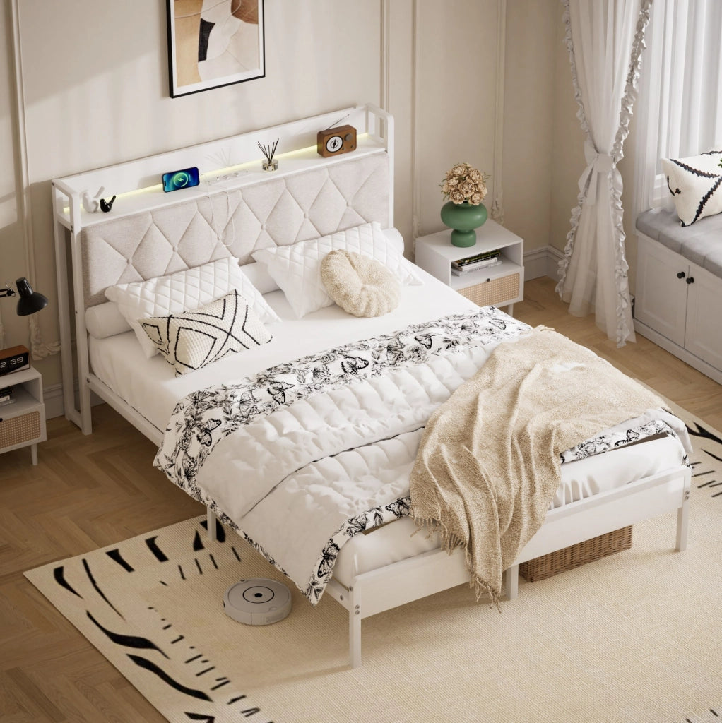 Letto matrimoniale imbottito 140x190 cm con LED, USB e spazio sottostante