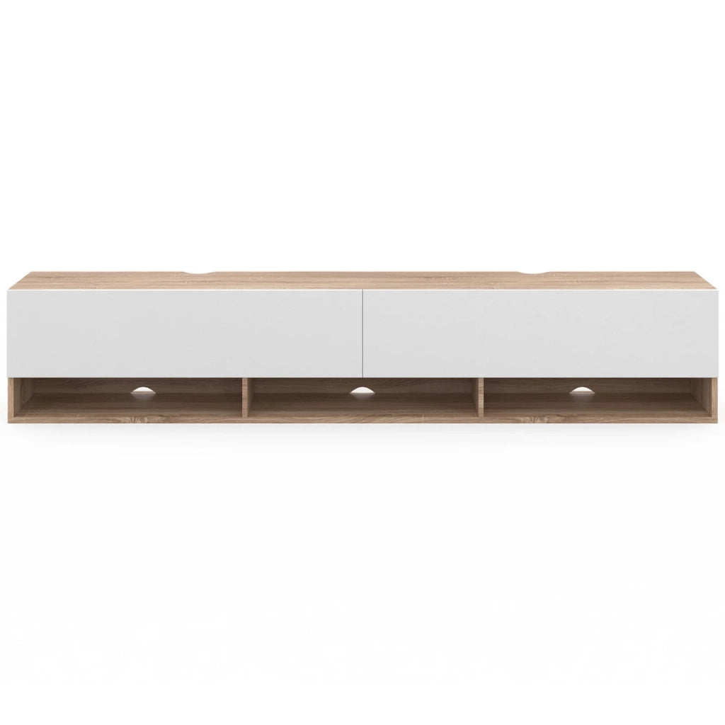 IDMarket - Mueble TV suspendido ELIO 2 puertas con estantes de madera y blanco 180 cm