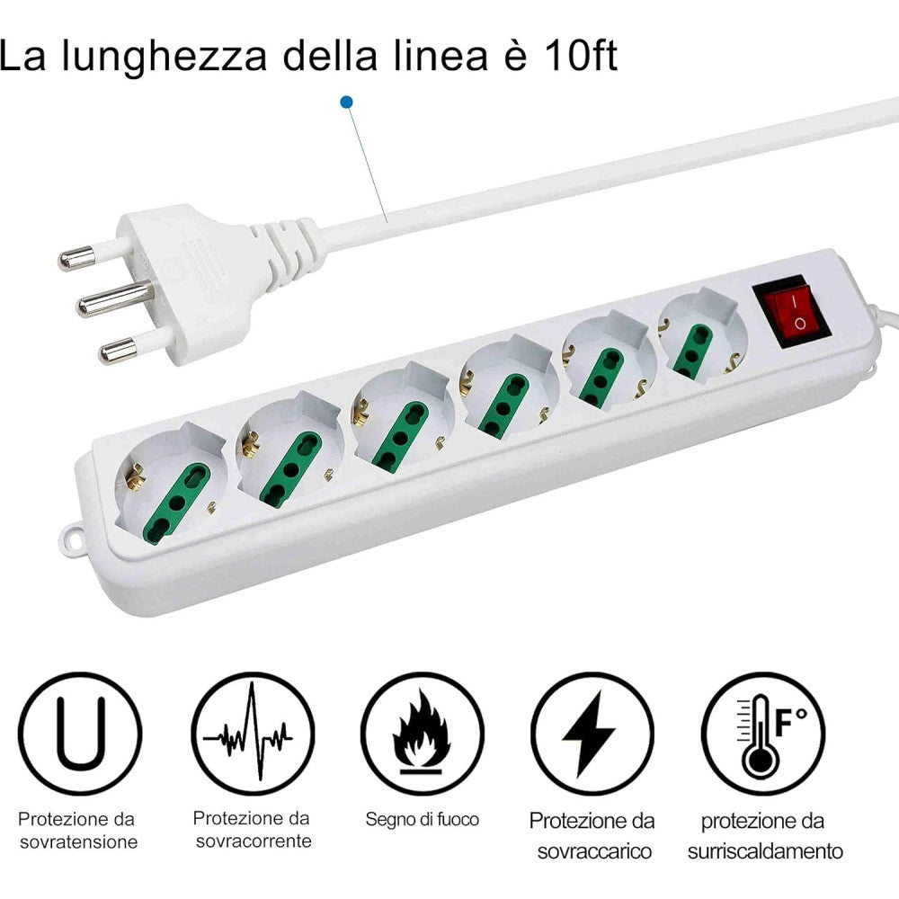 Trade Shop - Multipresa Ciabatta Elettrica A 6 Posti Con Protezione Sovraccarico 250v 2500w -