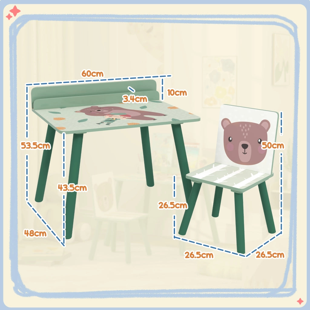 Set Sedia e Tavolino per Bambini con Ripiano Portaoggetti, in MDF e Legno di Pino, Verde