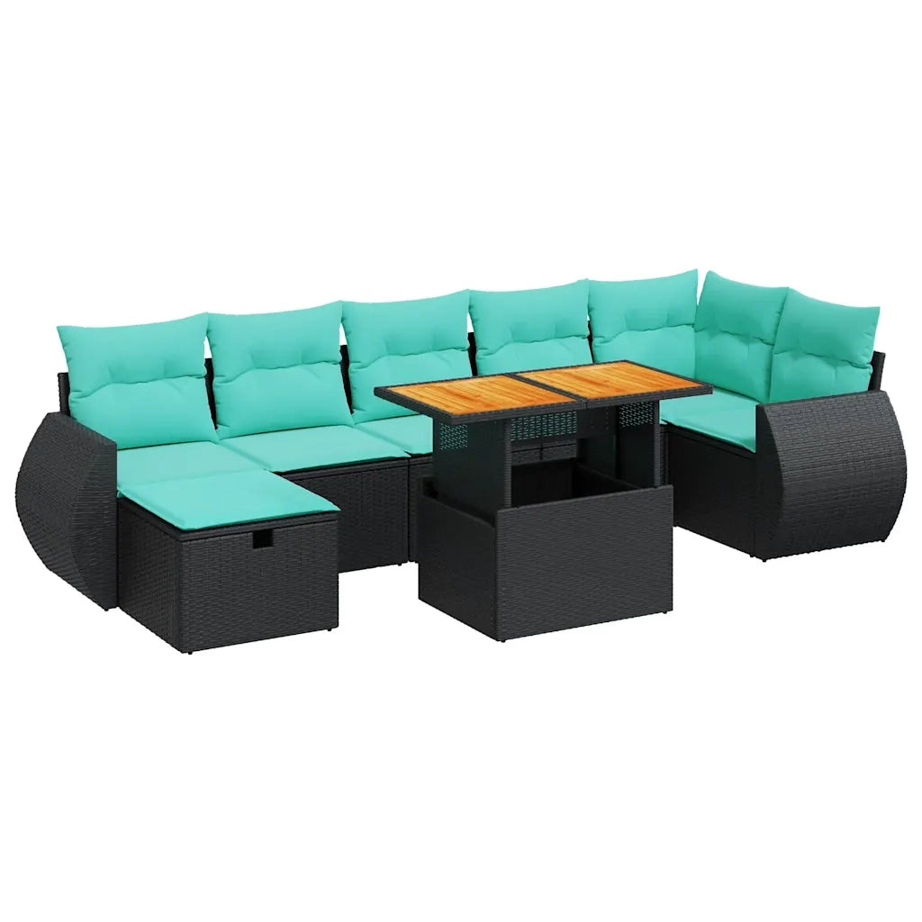 Set Divani da Giardino con Cuscini 8 pz Nero Polyrattan Acacia