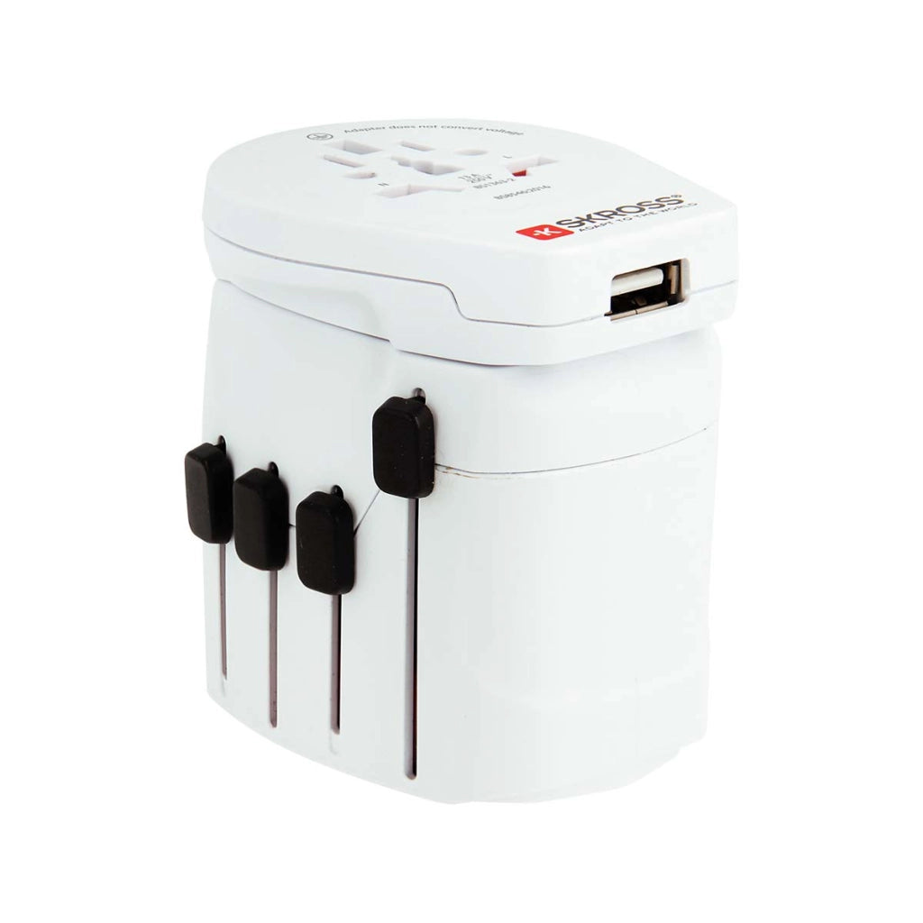 Adattatore da viaggio mondiale a 3 poli con porta USB 12W 2,4A Bianco Skross