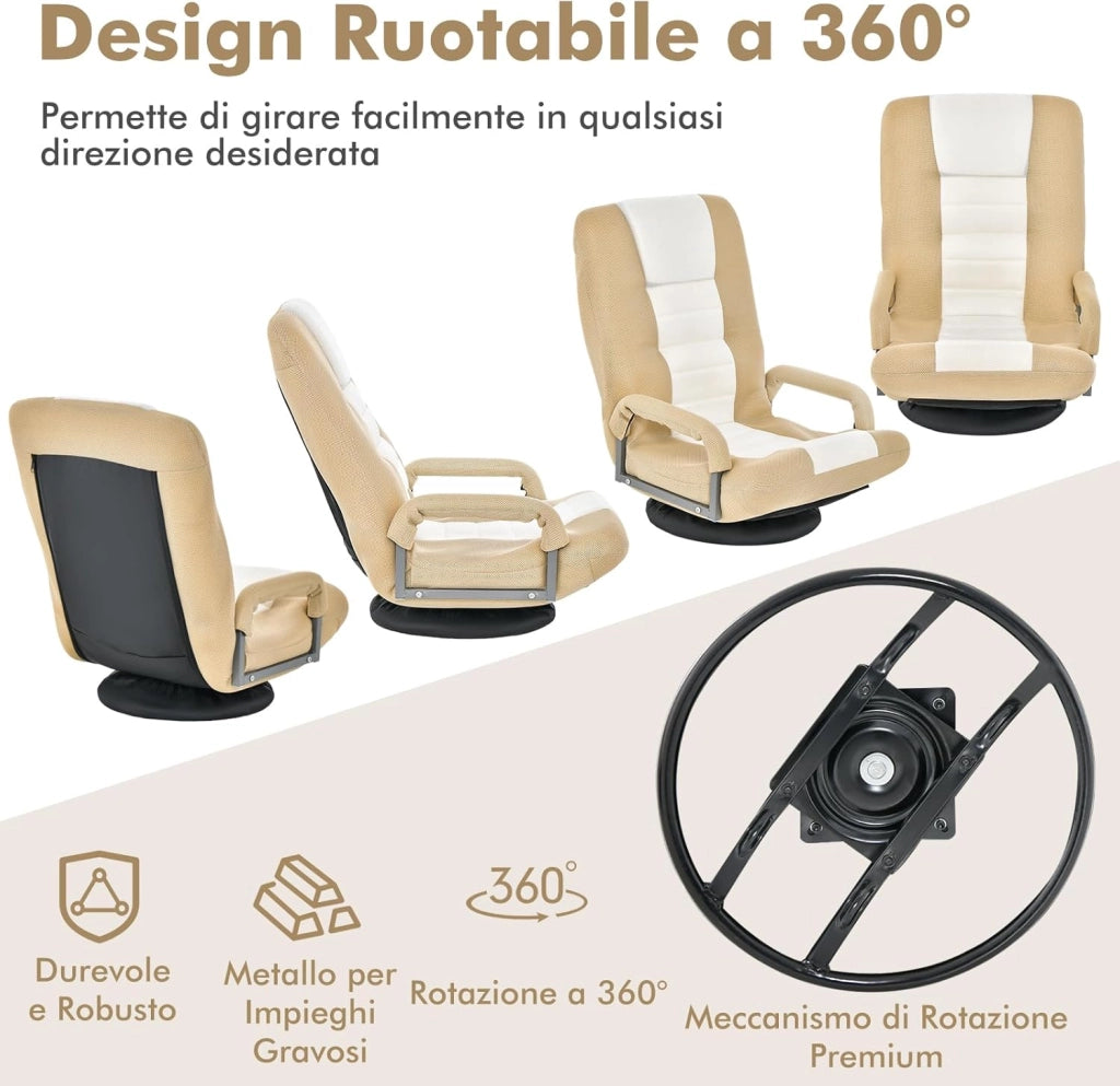 Sedia da Pavimento Pighevole, Sedia da Terra con Braccioli, Poltrona da Yoga Portatile e Girevole, Poltrona con Schienale Regolabile a 5+2 Livelli, Portata 150 kg (Marrone chiaro)