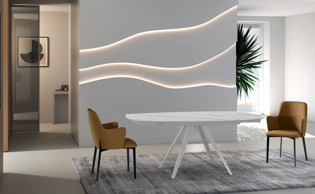 Tavolo Allungabile Kyoto 120 90x120/180x75 cm Top in Ceramica Gambe in Metallo Marmo Calacatta Bianco
