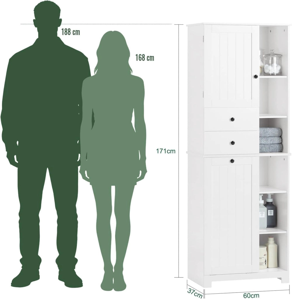 Mobile Bagno con Cesto per Linge Mobile Rangemento Alto Armadio Bagno con 6 Ripiani e 2 Cassetti Mobiletto Salvaspazio Bianco 60x37x171 cm BZR104-W
