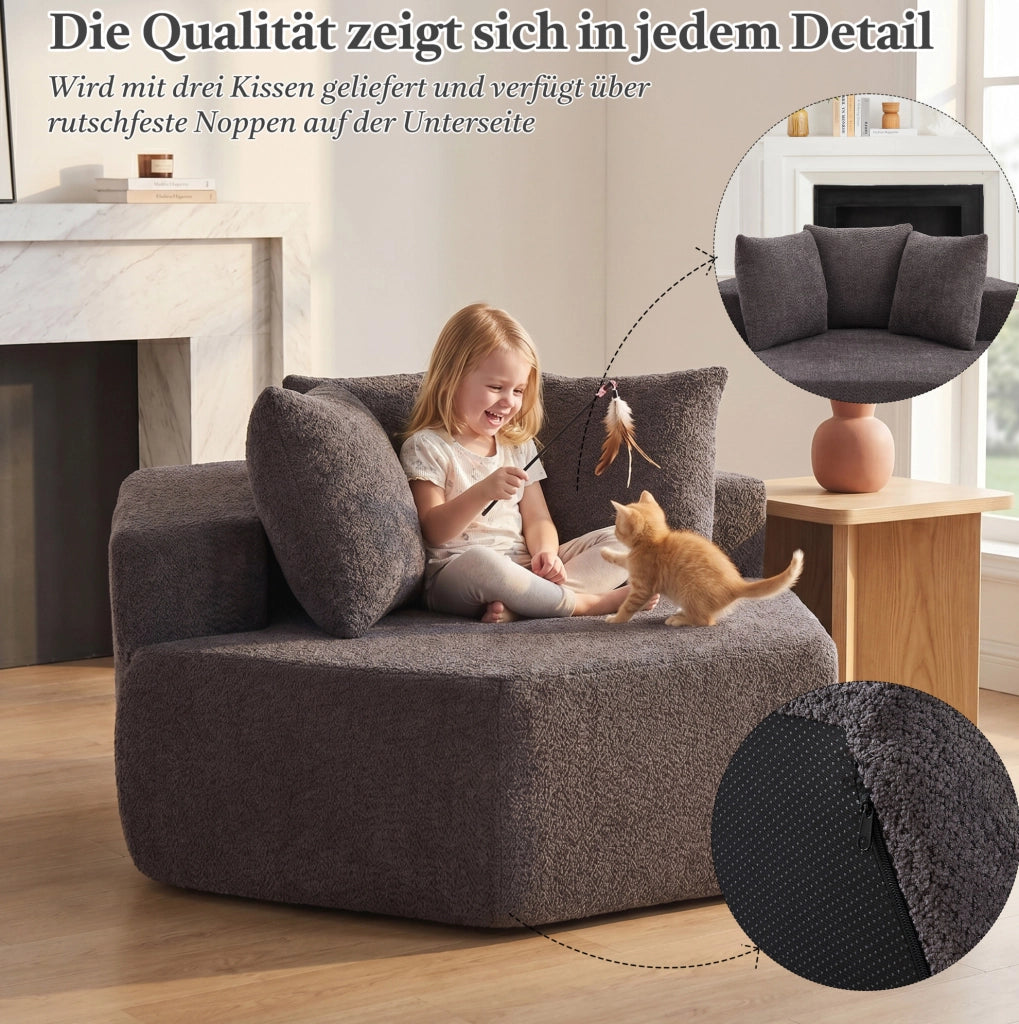 Poltrona singola esagonale in tessuto chenille con design modulare e versatile