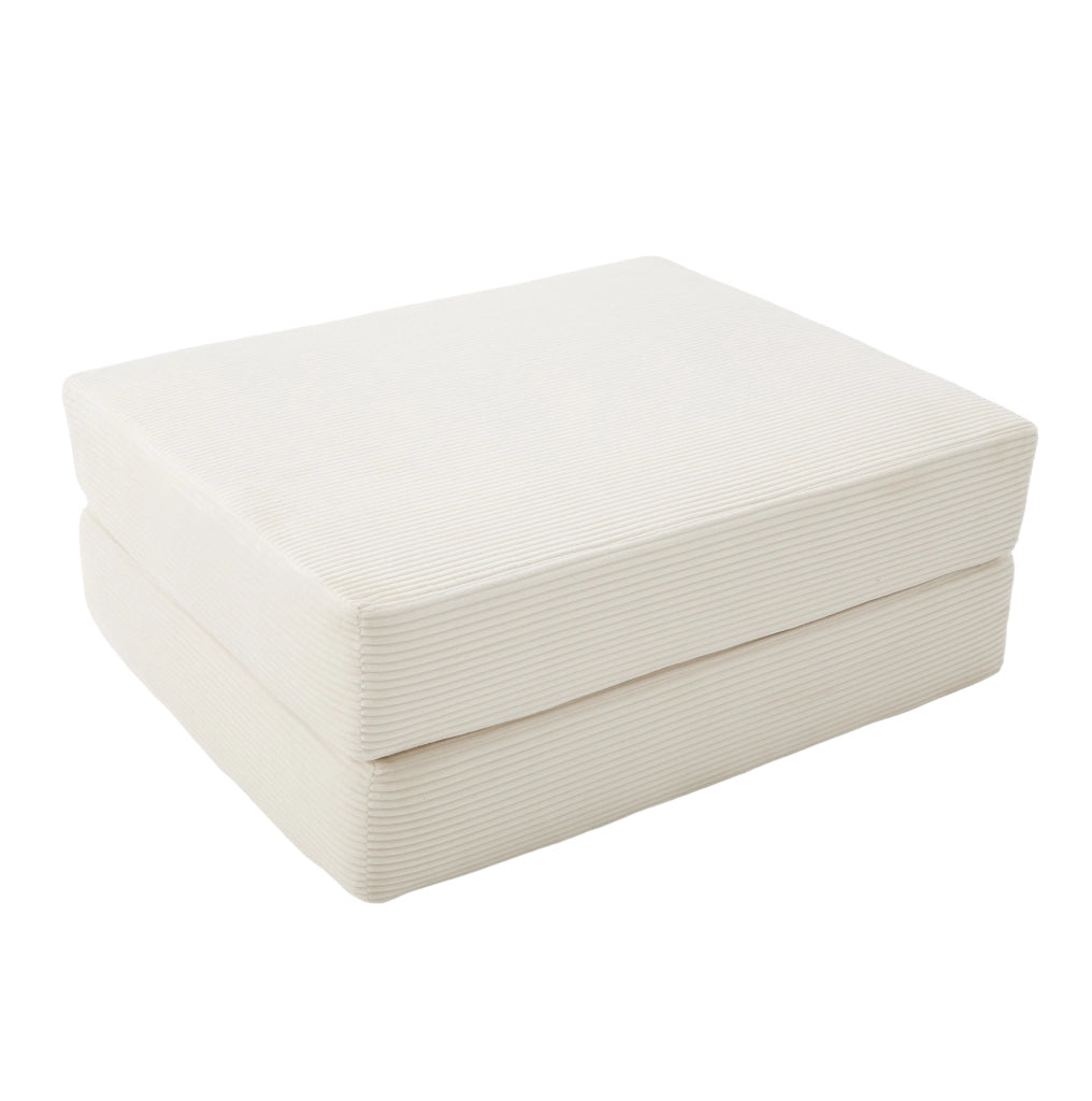 Pouf poggiapiedi in corduroy beige trasformabile in letto singolo; 109x95x43 cm