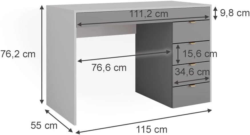 Tavolo da toeletta Elise, Bianco/grigio/grigio, 115 cm con 5 cassetti, da utilizzare come toeletta o superficie d’appoggio in camera da letto
