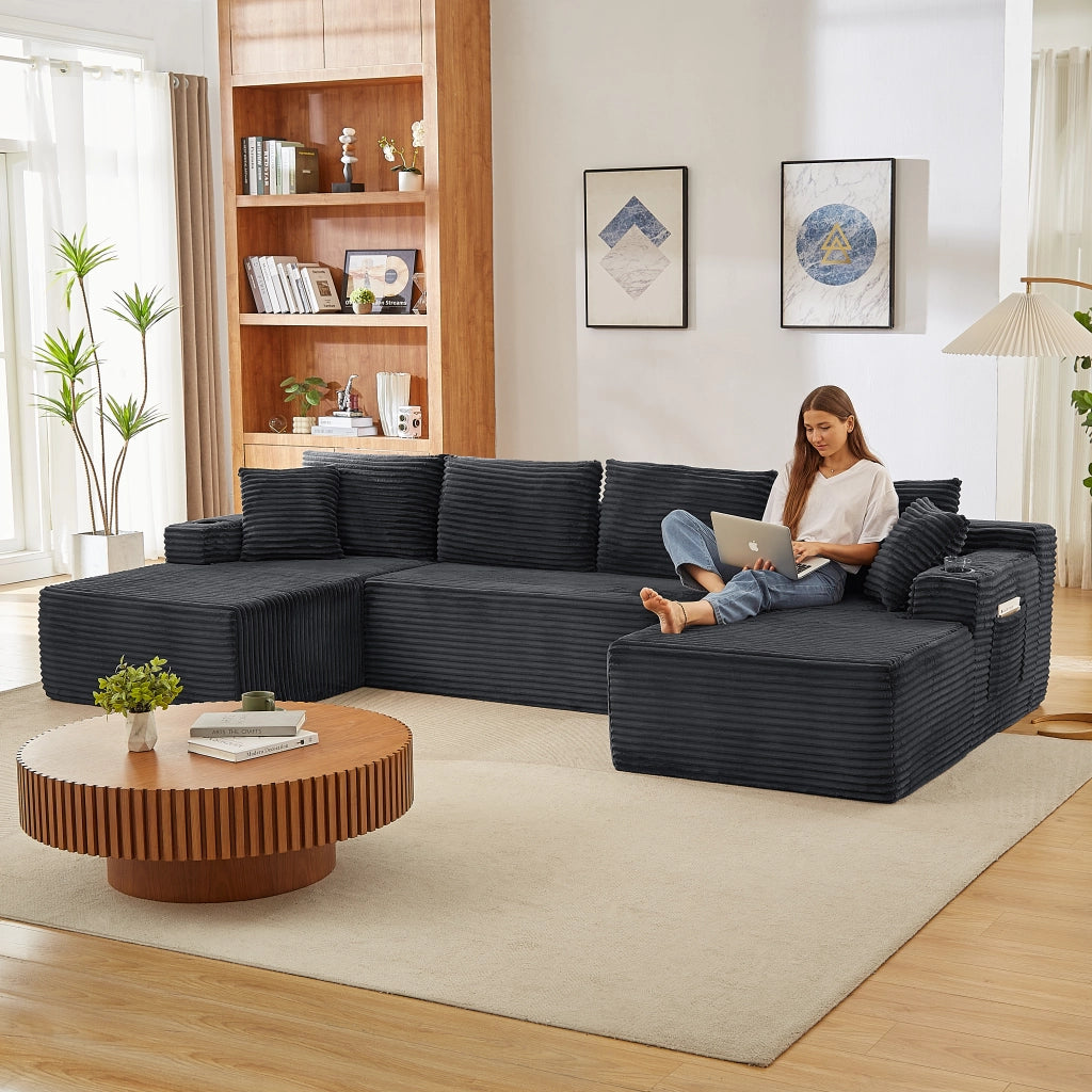 Divano modulare a U senza montaggio in tessuto a coste con seduta profonda e sostegno ergonomico grigio scuro