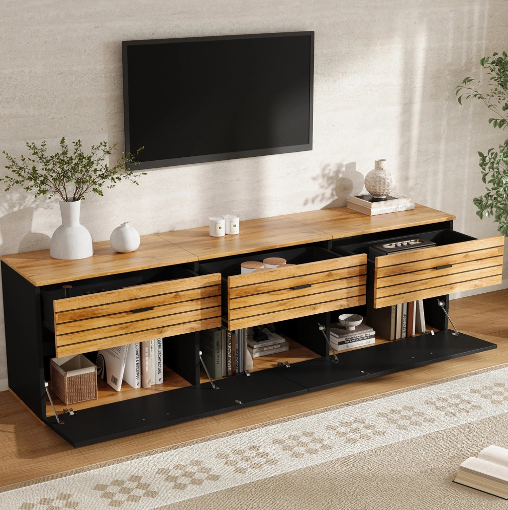 Mobile TV 168 cm con 3 cassetti e 2 ante, naturale e nero