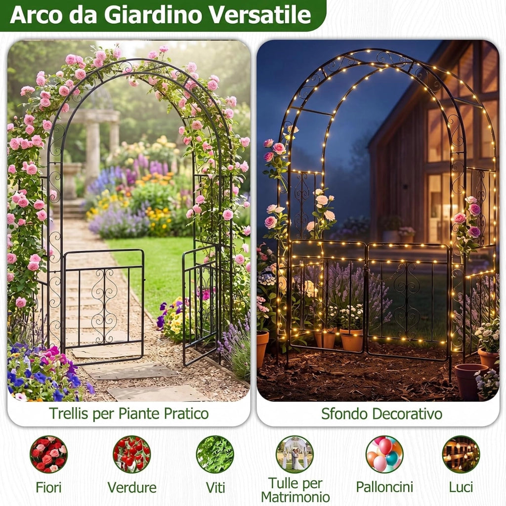 Arco da Giardino con Cancello, Pergolato per Piante Rampicanti | Pergola Decorativa in Metallo con Piedini a Punta e Chiusura, per Rose, Viti e Fiori da Matrimoni e Feste, 135x60x213 cm