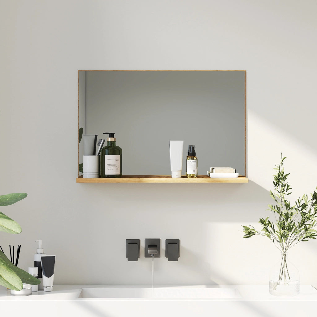 Specchio Bagno da Parete con Mensola Design Moderno e Multiuso, 60x12x40 cm, Legno