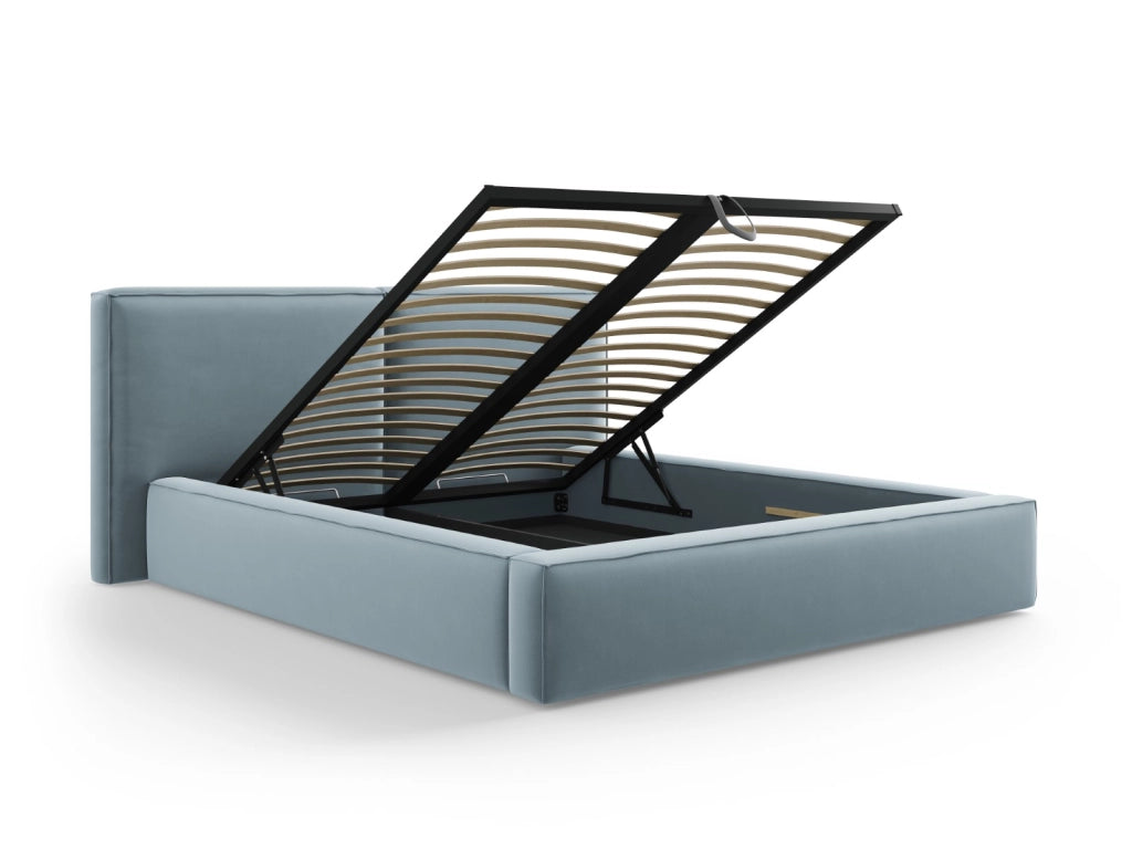 Cosmopolitan Design - Letto a cassettone con testiera doppia "Arendal" 140x200cm in velluto azzurro 