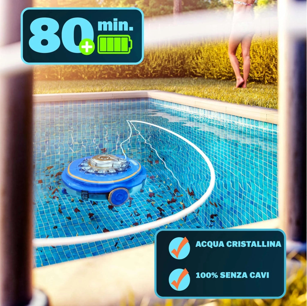 ® Robot Poolboy600 Pulizia Piscina Cordless Automatico 80 Min Batteria 5200mAh Li-Ion 80m² Aspiratore Robotico