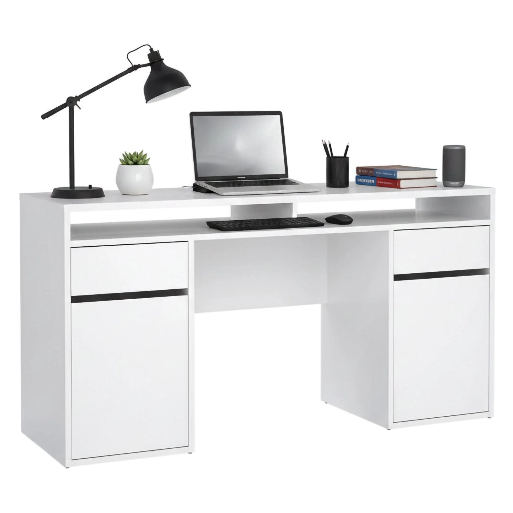 Scrivania Leepi, Scrittoio multiuso, Tavolo per ufficio porta PC, Piano di lavoro, 149x48 h77 cm, Bianco lucido
