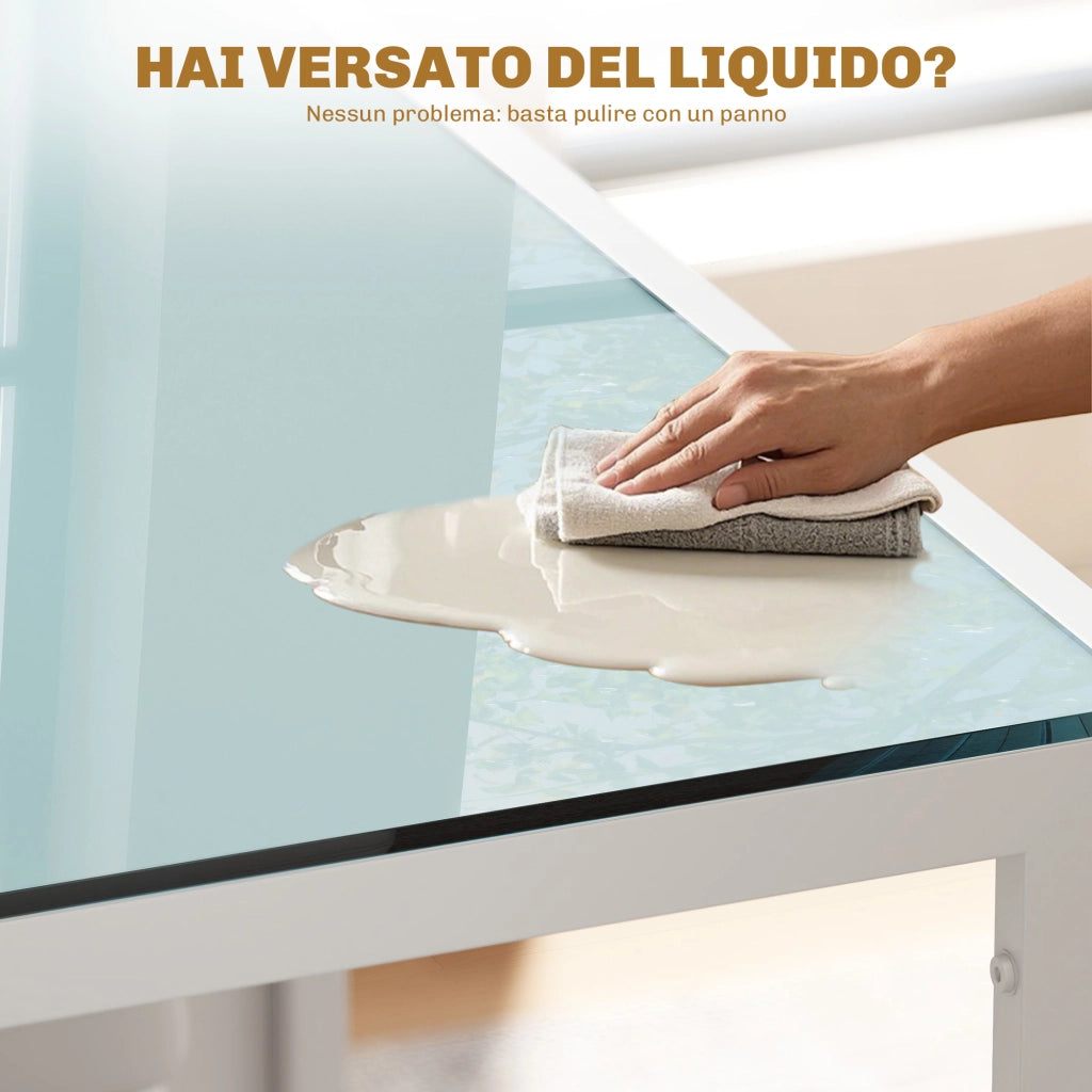 Set 5 Pezzi con 1 Tavolo e 4 Sedie per Cucina o Sala da Pranzo in Finta Pelle, Metallo e Vetro Temperato, Bianco