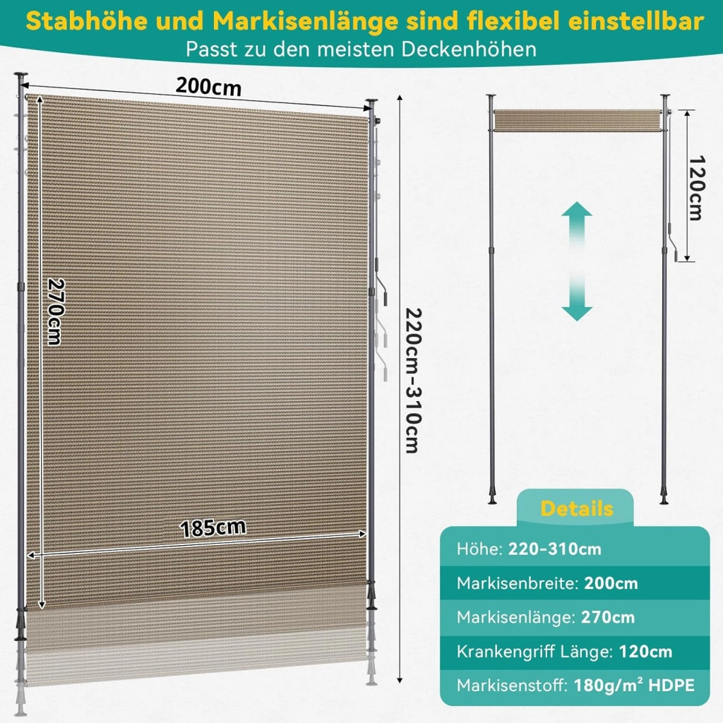 Tenda Verticale HDPE 200×310 cm Marrone, Tenda a Pinza Estensibile, Senza Forare, Privacy, Protezione Solare UV, Antivento, Resistente Alle Intemperie - per Balcone, Giardino, Terrazza