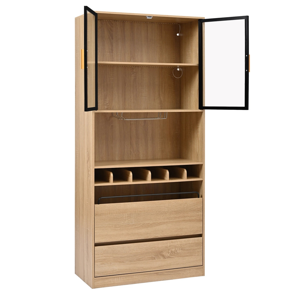 Mobile con ante in vetro; LED e cassetti - per bagno - in MDF - naturale - 180 cm
