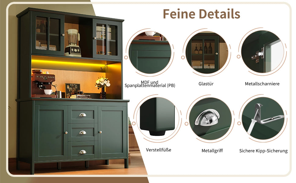 Credenza da cucina con ante in vetro marrone, ripiani regolabili, LED e cassetti, per cucina, verde 120 × 40 × 179 cm