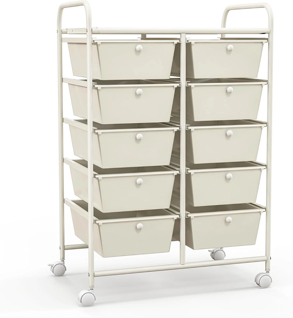 Carrello con 10 cassetti, impilabile, carrello per cassetti, carrello da cucina con ruote bloccabili, carrello per cucina, bagno, ufficio, 65,5 x 37 x 87 cm, bianco