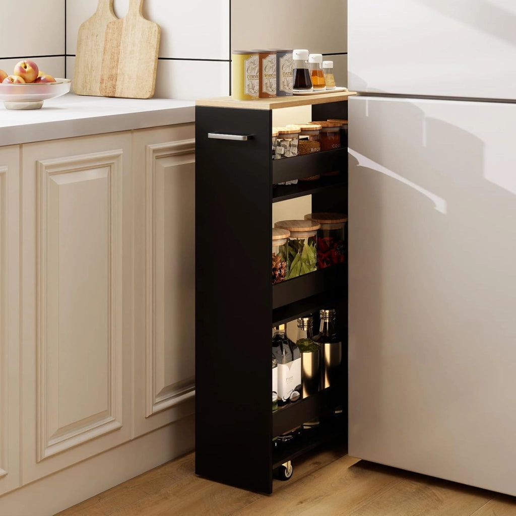Scaffale per Nicchia da 20 cm di Larghezza, con Base di Ricarica, 4 Piani in Legno su Ruote, Scaffale Sottile per Cucina e Bagno, Carrello a Rotelle (Naturale+Nero, Largo 20cm, con presa)