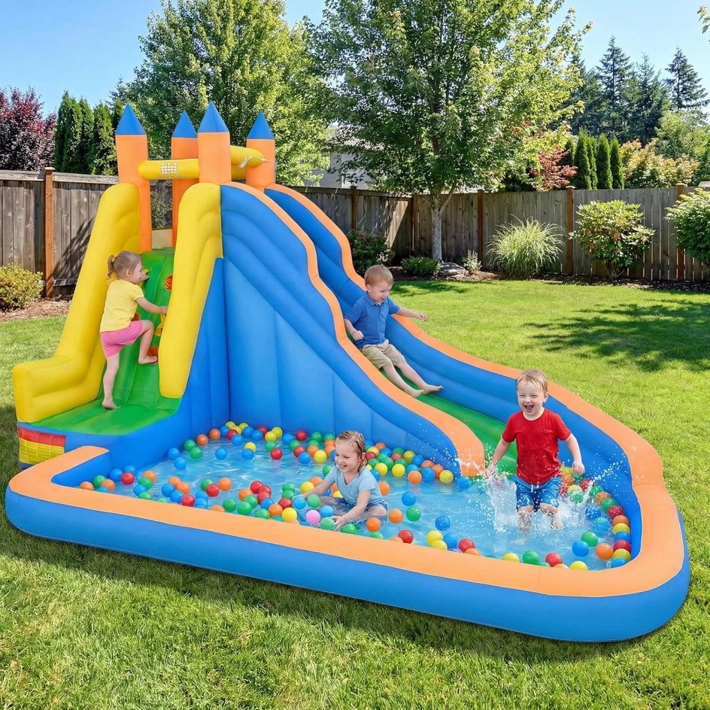 Castello Gonfiabile per Bambini, 3 in 1 Giochi Gonfiabili con Scivolo, Piscina e Parete di Arrampicata, Parco Acquatico da Esterno per Giardino e Prato, per Bmbini 3-12 Anni