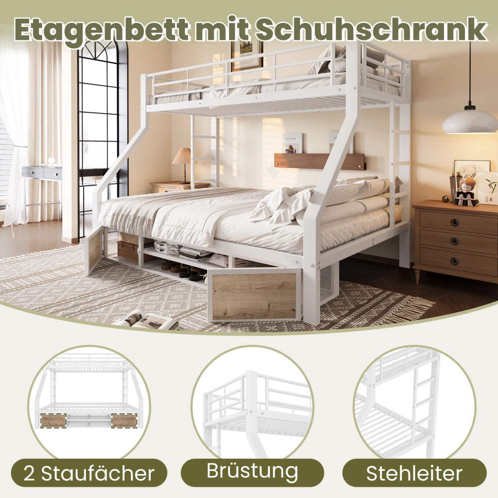 DESMIU Letto a castello per bambini 90 × 200 cm e 140 × 200 cm con scarpiera e vani, senza materasso, bianco