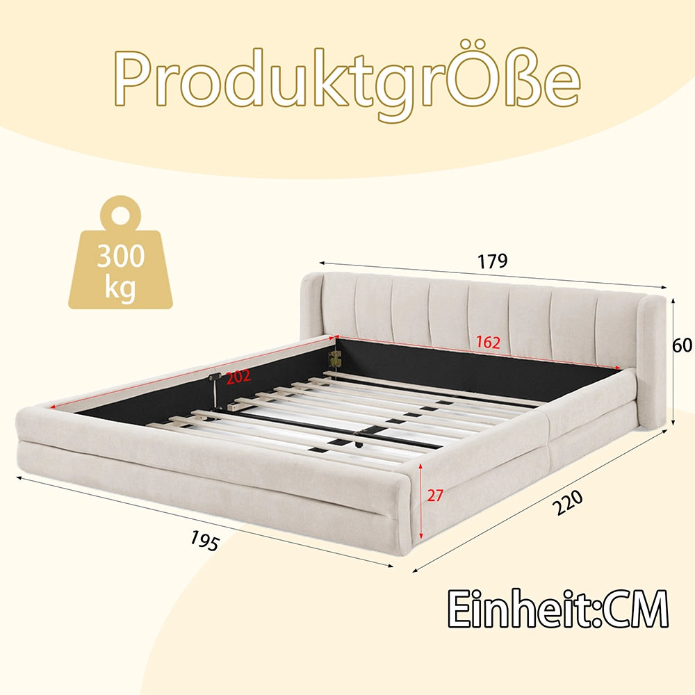 Letto Matrimoniale 160x200cm - Xylo - Testiera Chenille e Struttura Eucalipto/Ferro Beige