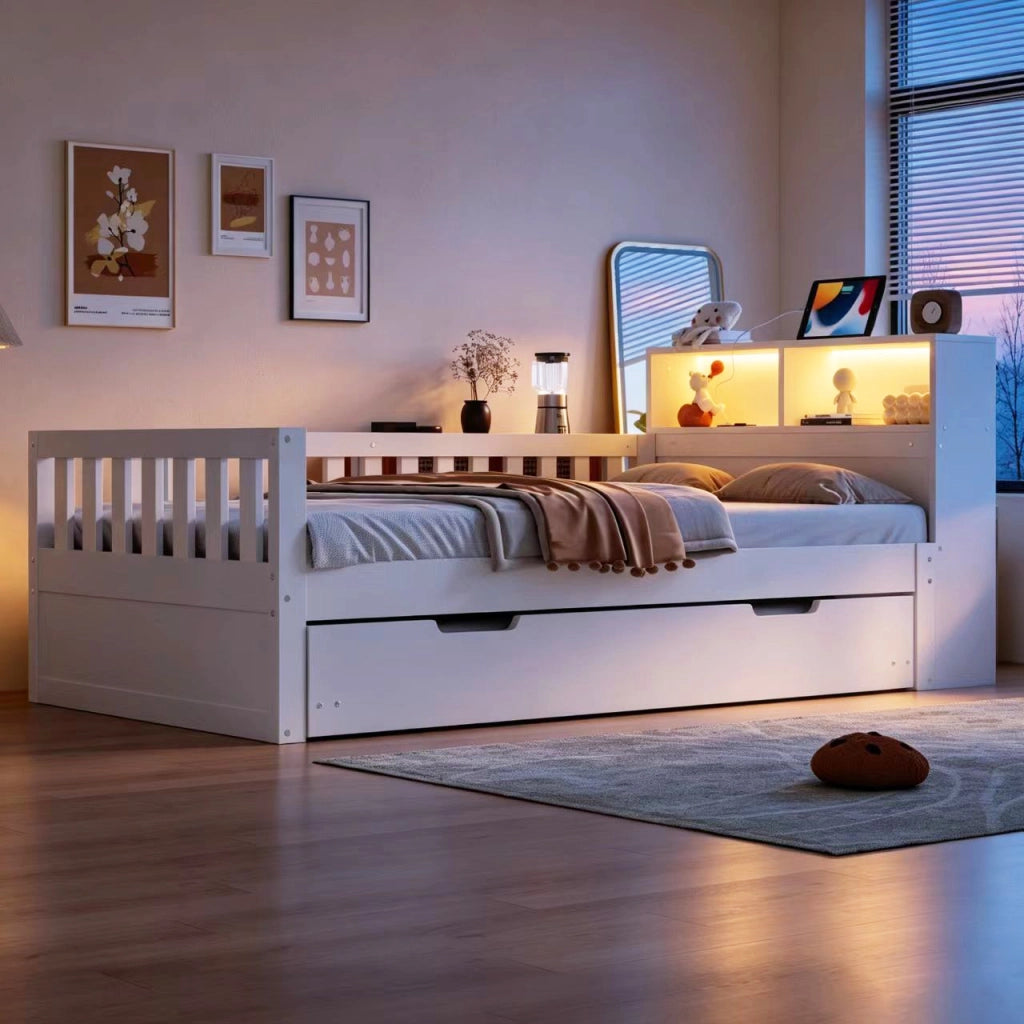 Letto singolo 90×200 cm con letto estraibile; ripiani; LED; USB; Type-C e sponde; senza materasso; bianco