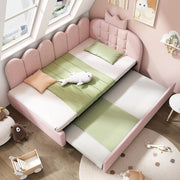 Letto daybed con letto estraibile 90x200 cm in velluto rosa, design corona, per cameretta e ospiti