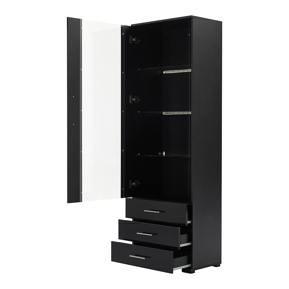 Vetrina verticale in vetro - Xylo - 60*35*180 cm - Nero brillante - LED, 3 cassetti