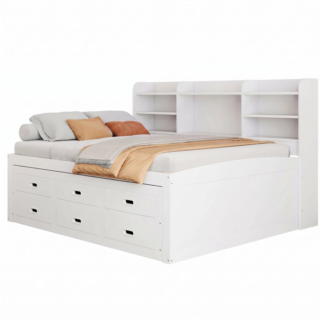 Letto bianco 140x200 cm multifunzionale con LED; cassetti e letto estraibile