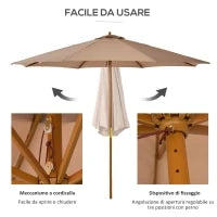 Ombrellone da Giardino 3 m con Palo in Legno, 8 Stecche e Parasole in Poliestere, Cachi