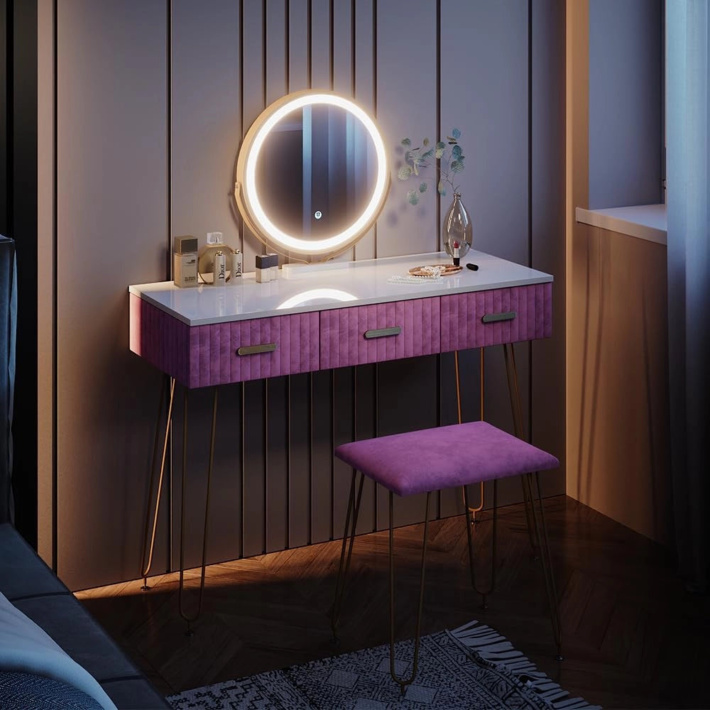 Tavolo da toeletta Layla, rosa, 100 cm con illuminazione LED e sgabello, con illuminazione a LED e panca imbottita