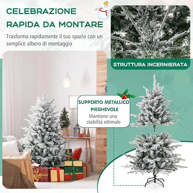 Albero di Natale Artificiale Innevato 147/186/210 CM, Albero di Natale con Cerniera e 8 Modalità luminose, 160/260/350 Luci LED Multicolori e 436/820 /1164 Punte di Ramo in PVC e PE (147 CM)