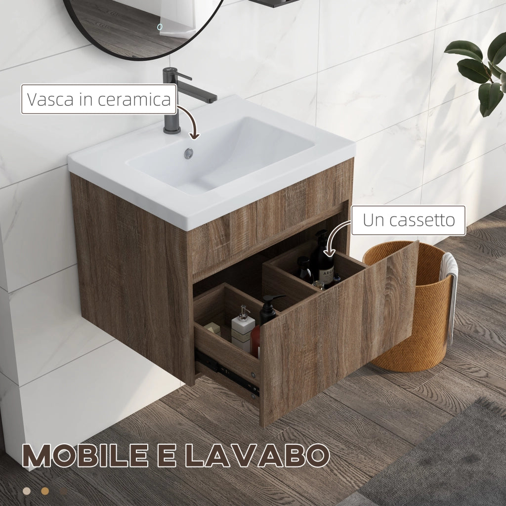EasyComfort Mobile Lavabo da 60cm con Cassetto in Legno e Lavandino in Ceramica, Marrone Chiaro